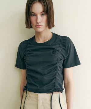 프런트 셔링 스트링 세미 크롭 티셔츠 CH