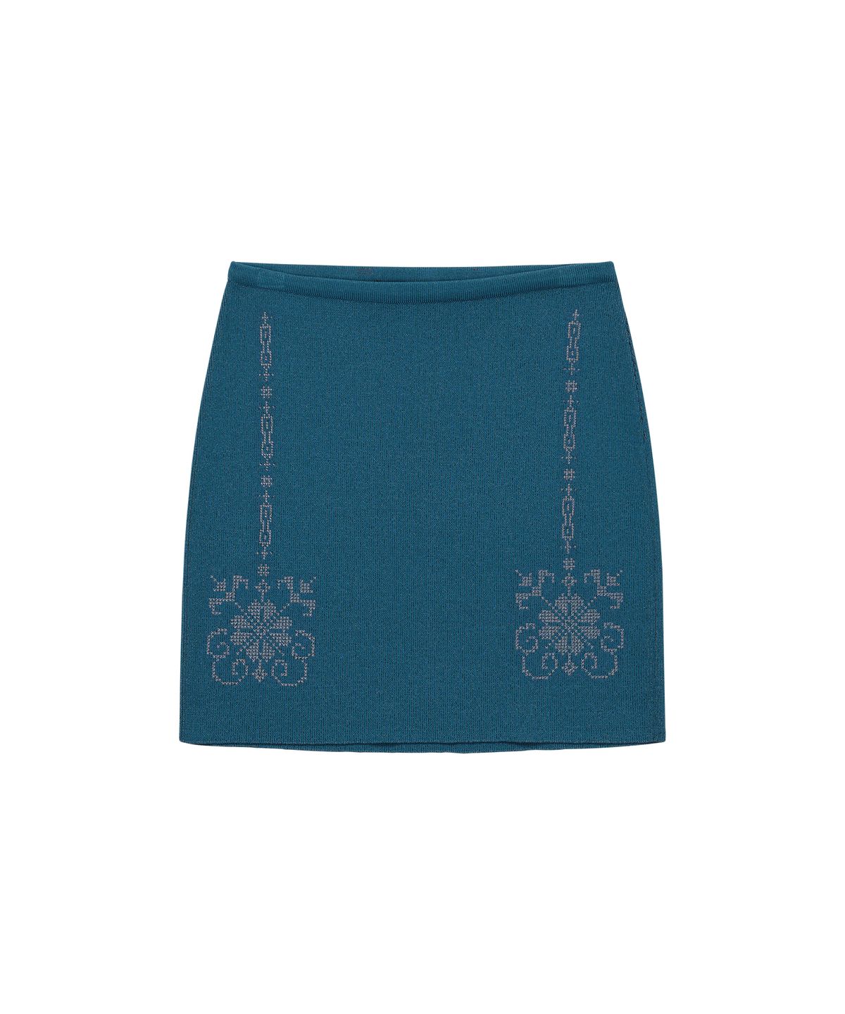 웰빙익스프레스(WELLBEING EXPRESS) Embroidered Knit Mini Skirt Teal