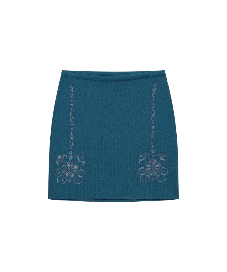 Embroidered Knit Mini Skirt Teal