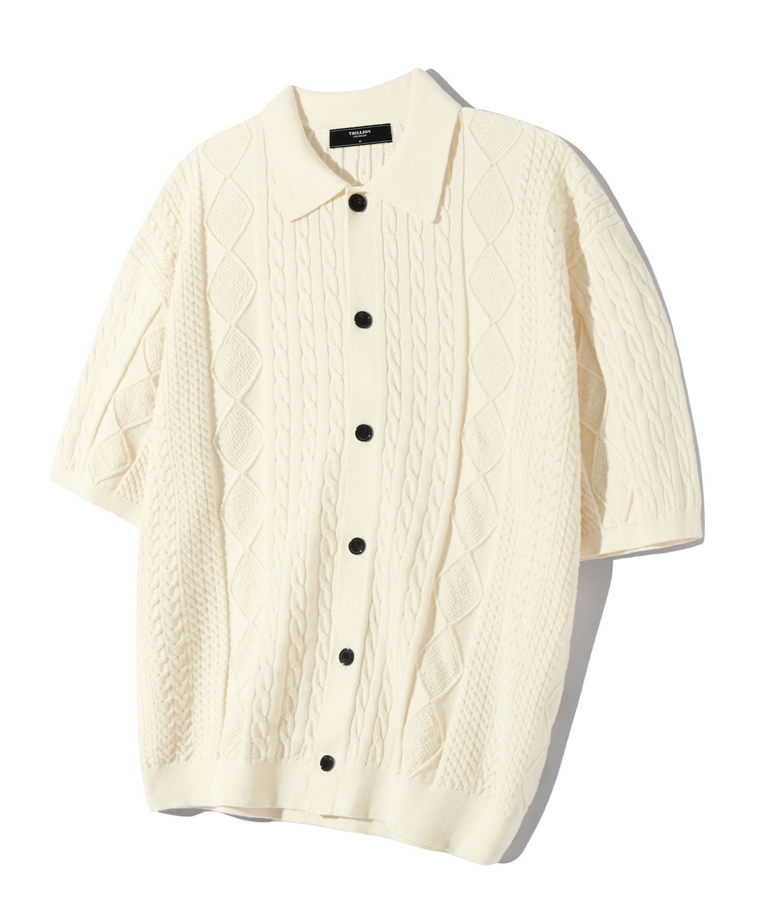 MUSINSA | TRILLION Washable Cable Half Sleeve Button Up Knit