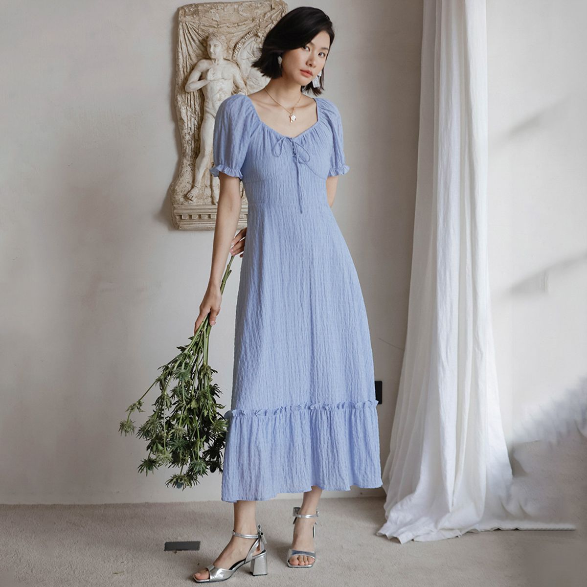 랭썬(LANGSON) LS_Shirring puff sleeve long dress