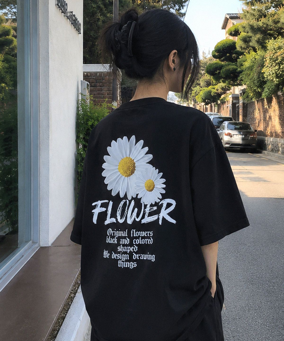 오리지널데이(ORIGINALDAY) Gothic Flower 오버핏 반팔 티셔츠 남녀공용 Black