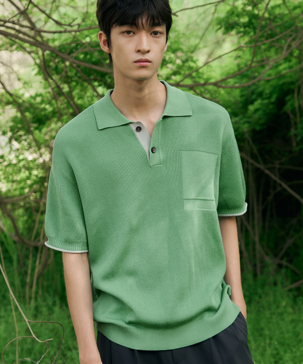 드로우핏(DRAW FIT) 콘트라스트 블록 반팔 니트 [PISTACHIO GREEN]