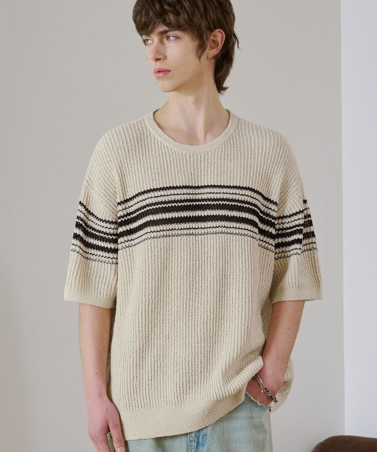 드로우핏(DRAW FIT) 부클 엣지 스트라이프 하프 니트 [CREAM]