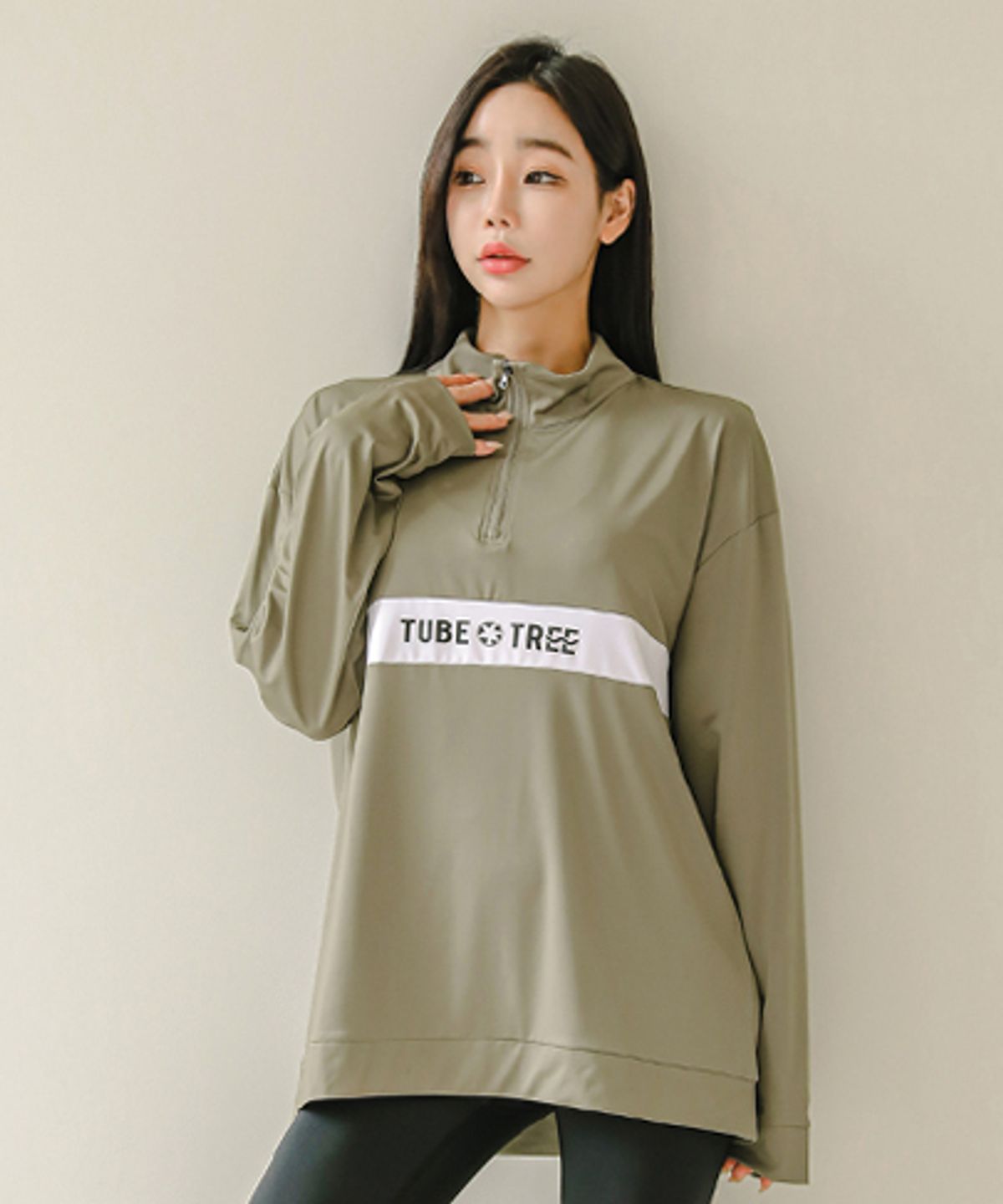 튜브트리(TUBE TREE) 여성용 루즈핏 아노락 반집업 래쉬가드 B722 올리브카키
