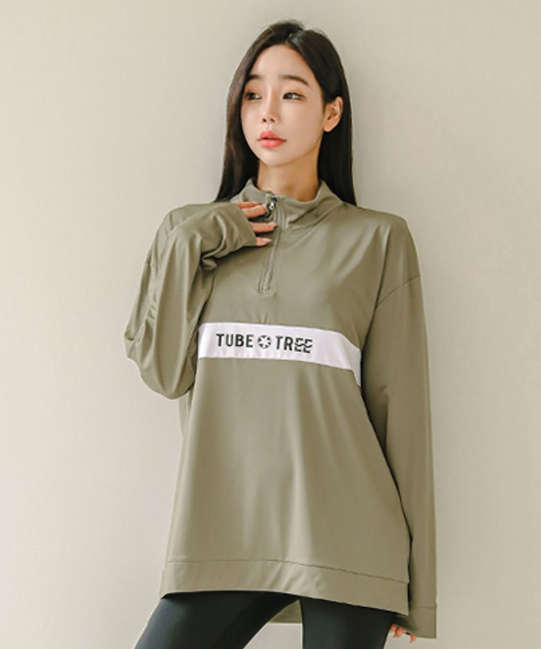 여성용 루즈핏 아노락 반집업 래쉬가드 B722 올리브카키