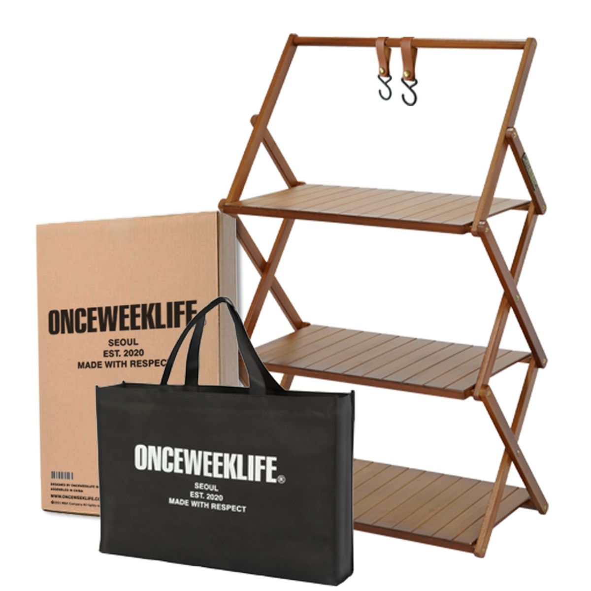 원스위크라이프(ONCEWEEKLIFE) 행어형 캠핑 우드 쉘프 선반 / 3단 / 다크브라운 / OSH0220BN3T