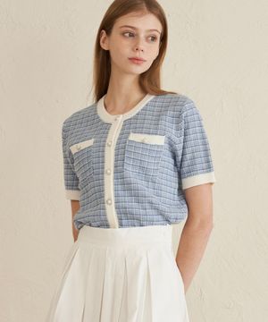 캄포레 트위드 반팔 니트 가디건_ZE2SW664_BLU