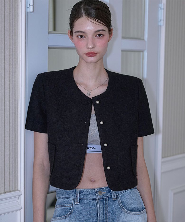 Half Sleeve Tweed Jacket [Black]