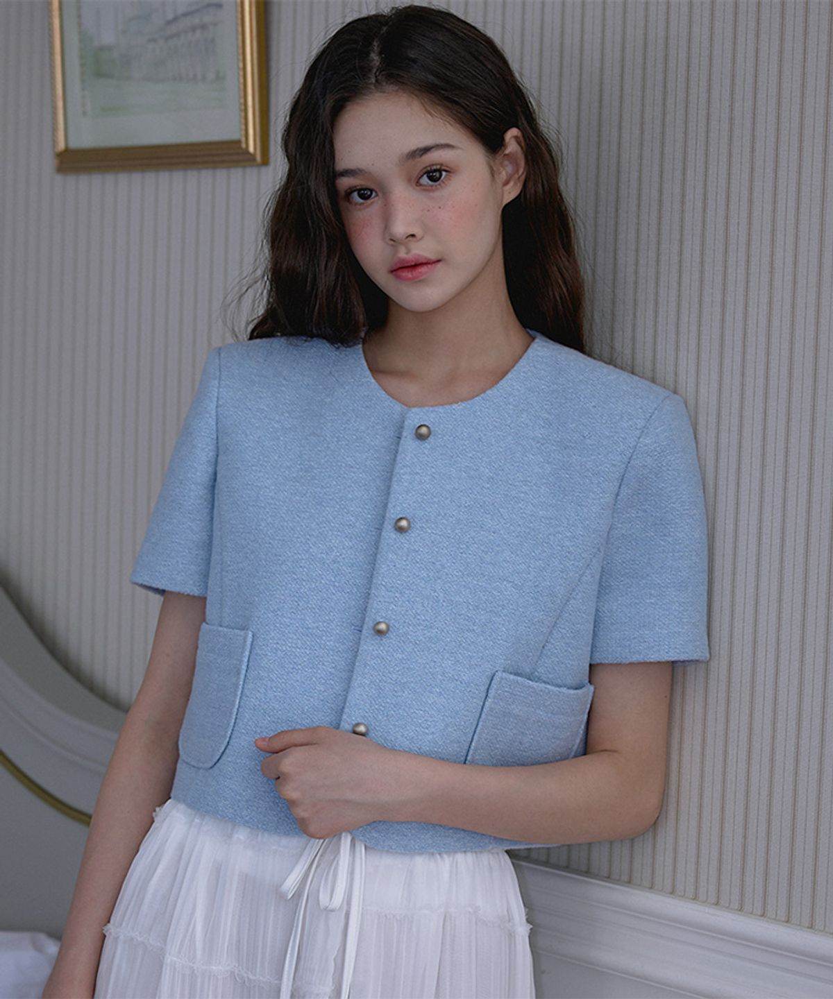 로제프란츠(ROSEFRANTZ) Half Sleeve Tweed Jacket [Sky Blue]