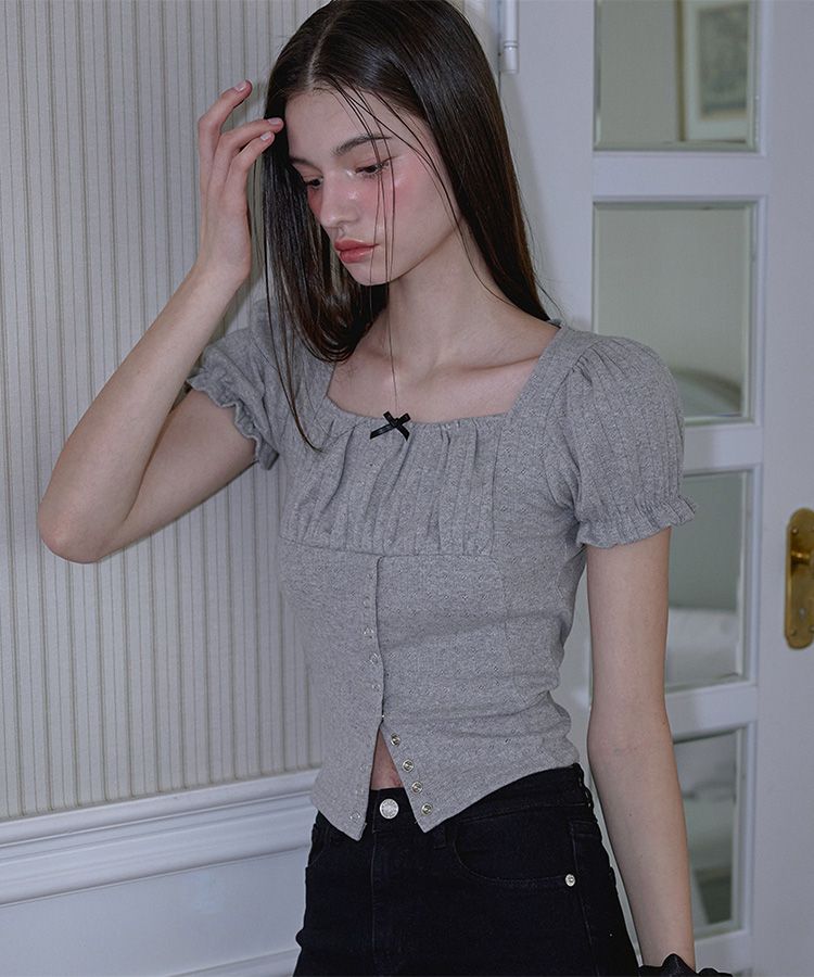 新作【Rose Frantz】Puff Shirring Ribbon T-shirt 3色◆送料込 MUSINSA | ROSÉ FRANTZ Puff Shirring Ribbon T-shirt [Gray]