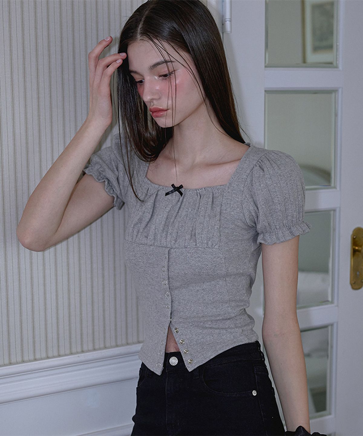 로제프란츠(ROSEFRANTZ) Puff Shirring Ribbon T-shirt [Gray]