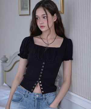 Puff Shirring Ribbon T-shirt [Black]