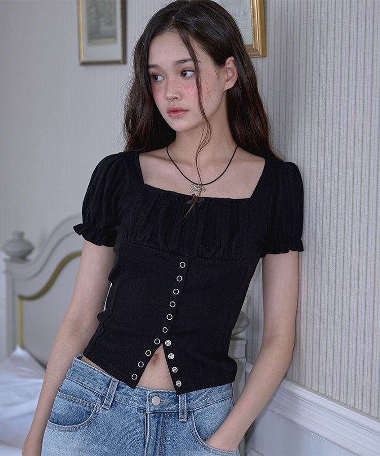 Rose Frantz ♥ Puff Shirring Ribbon T-shirt/追跡付 MUSINSA公式 | ROSÉ FRANTZ Puff Shirring Ribbon T-shirt [Black]