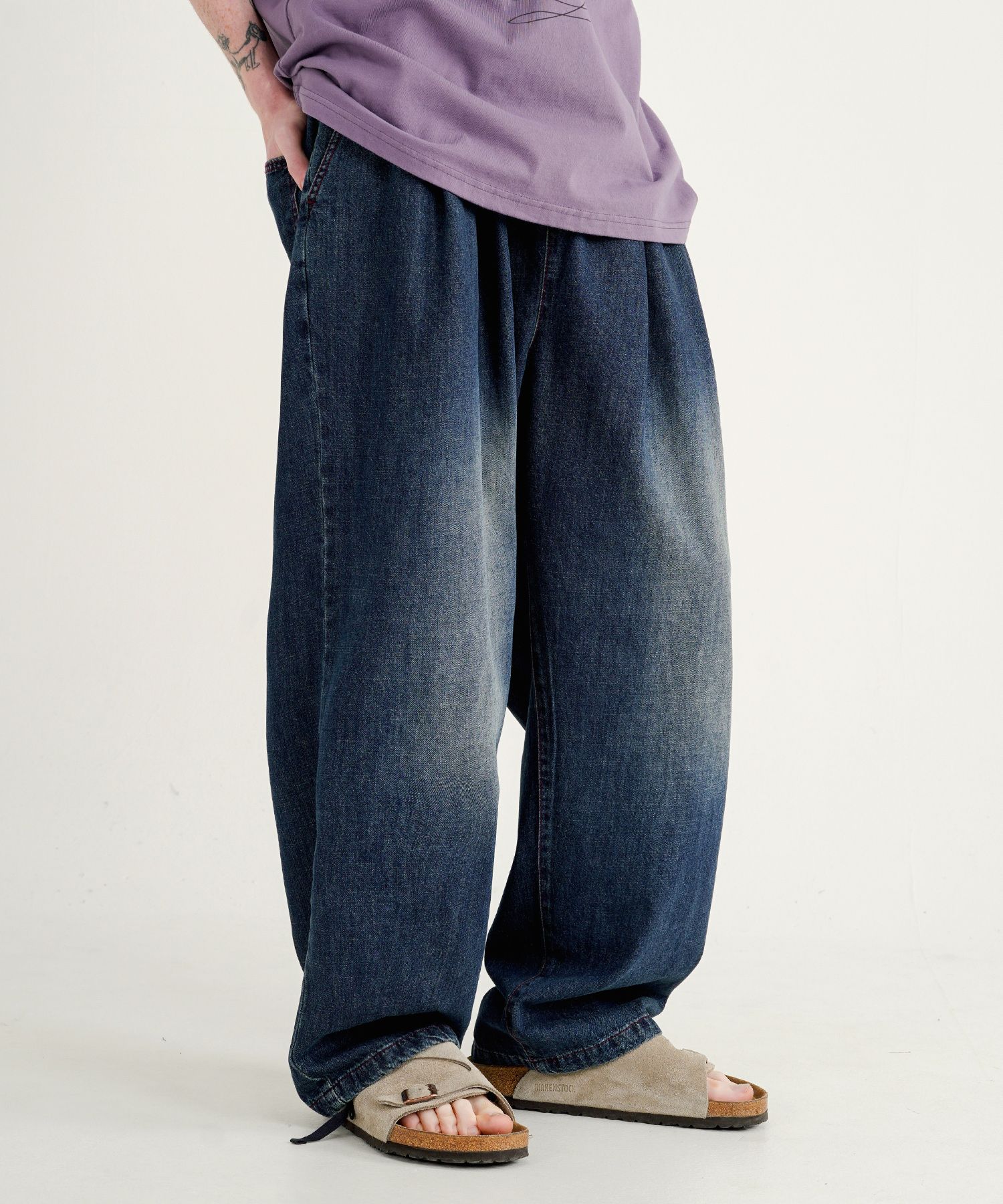 MUSINSA | WVPROJECT Cozy Slop Denim Banding Pants Deep Blue