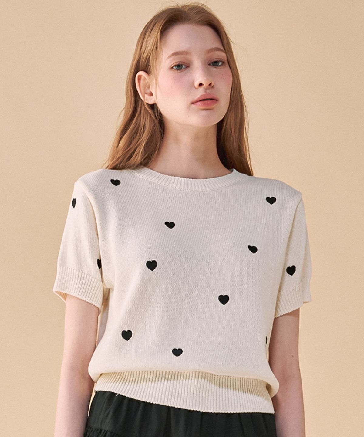 론론(RONRON) HEART PATTERN SHORT SLEEVE KNIT IVORY