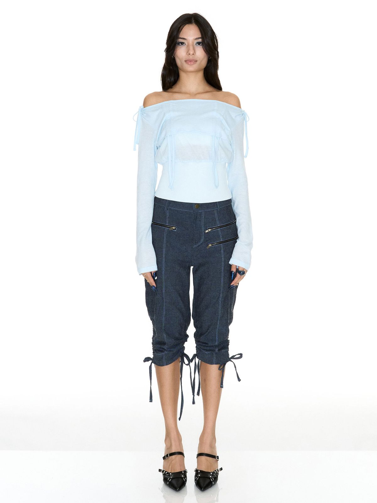 쎄쎄쎄(SETSETSET) CARGO SHIRRING CAPRI PNATS WITH SEASHELL BLUE