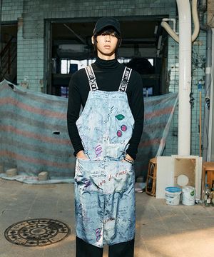 두들링 아트 에이프런 원피스 블루