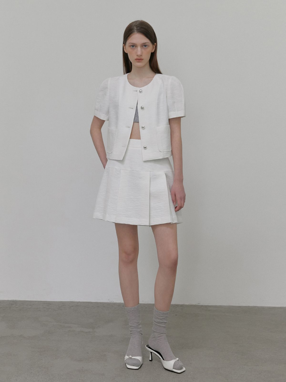 에트몽(ETMON) Pleats Tweed Mini Skirt, White