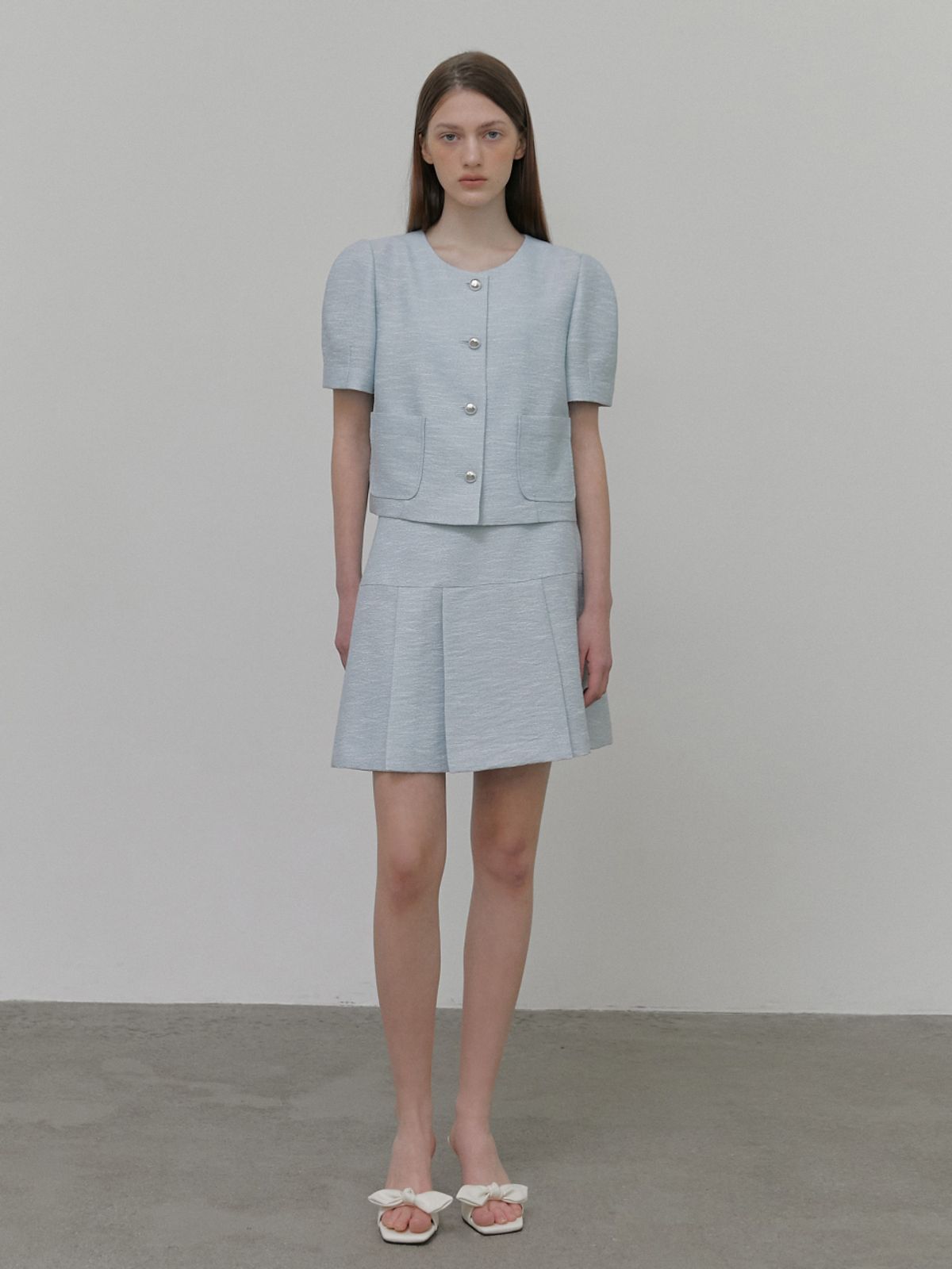 에트몽(ETMON) Pleats Tweed Mini Skirt, Light Blue
