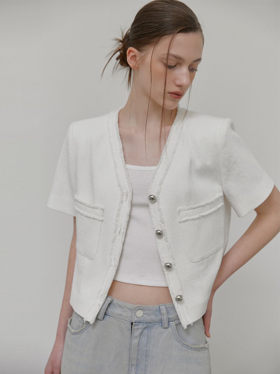 ★ETMON★ VNeck Fringe Tweed Jacket White 5005759344 MUSINSA | ETMON V-Neck Fringe Tweed Jacket, White