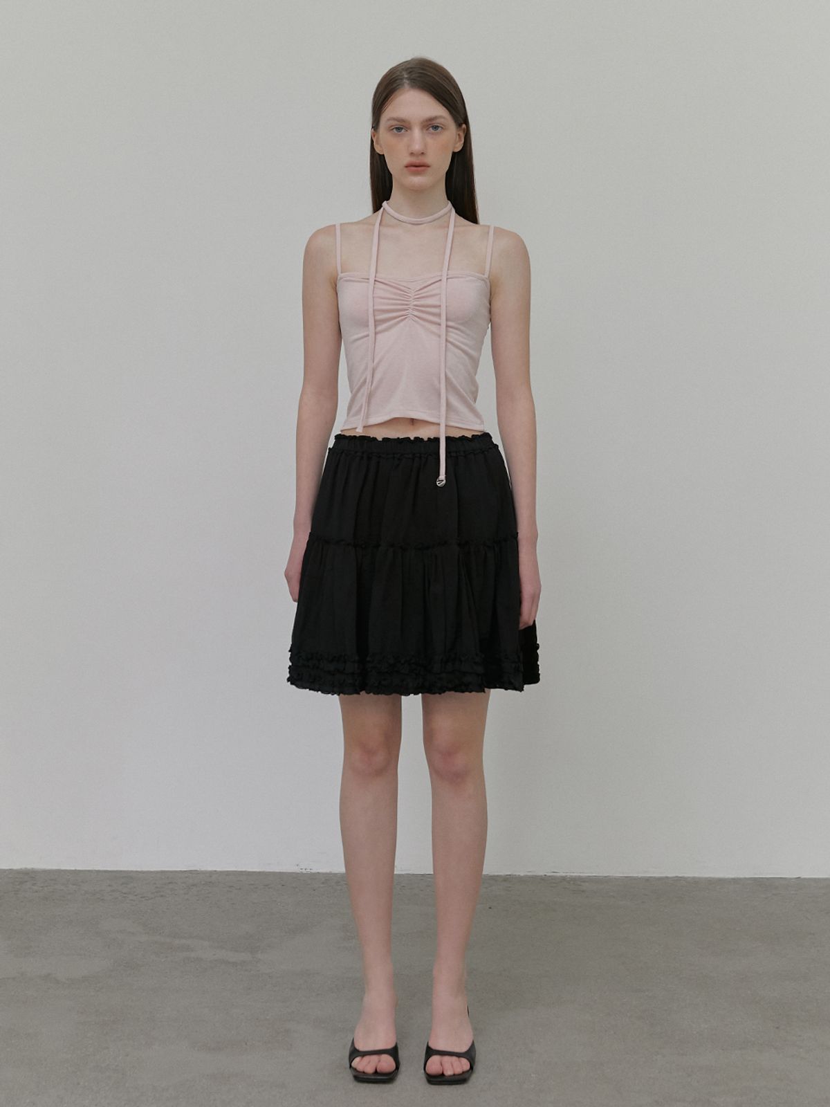 에트몽(ETMON) Frill Shirring Mini Skirt, Black