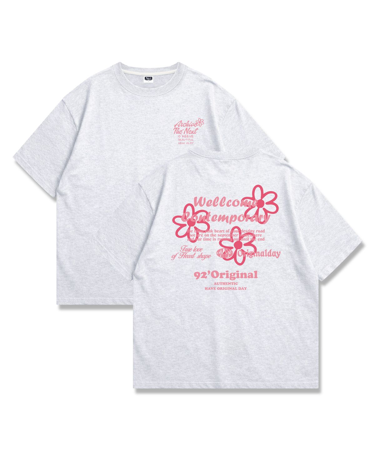 오리지널데이(ORIGINALDAY) Lvoe in Flower 오버핏 반팔 티셔츠 남녀공용 White melange