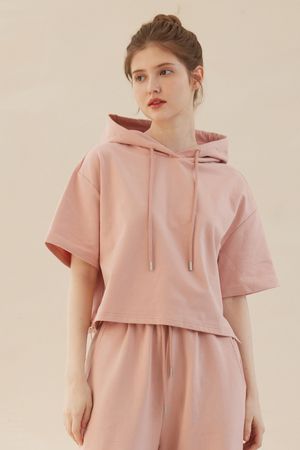 엔타르티카 크롭 후드 반팔 티셔츠 핑크