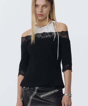 Lace Off Shoulder Layered Top (BLACK)