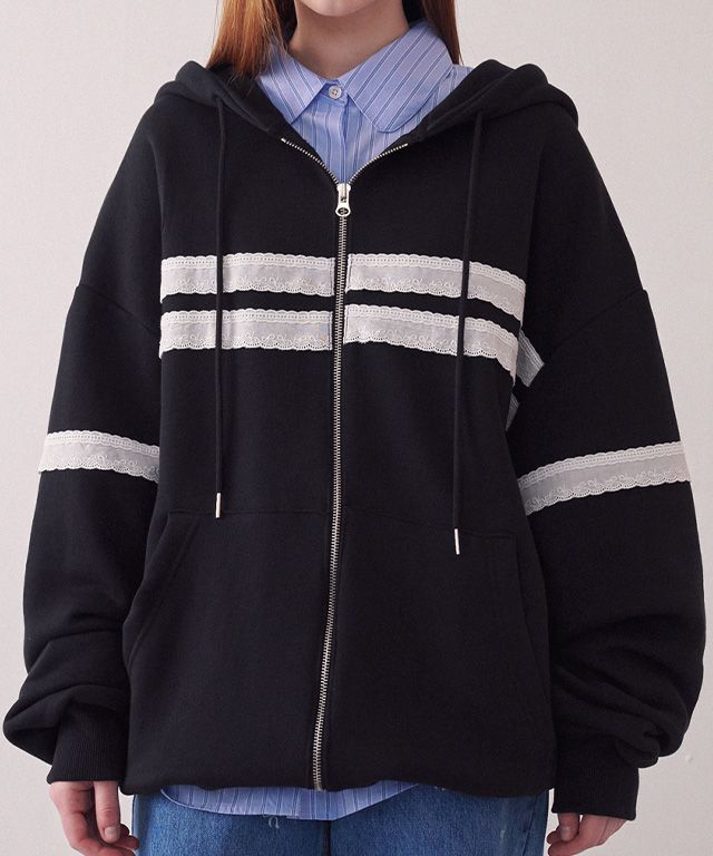トップス RONRON / RIBBON LACE OVERSIZED HOODIE MUSINSA公式 | RONRON TORCHON RIBBON LACE OVERSIZED HOODIE BLACK