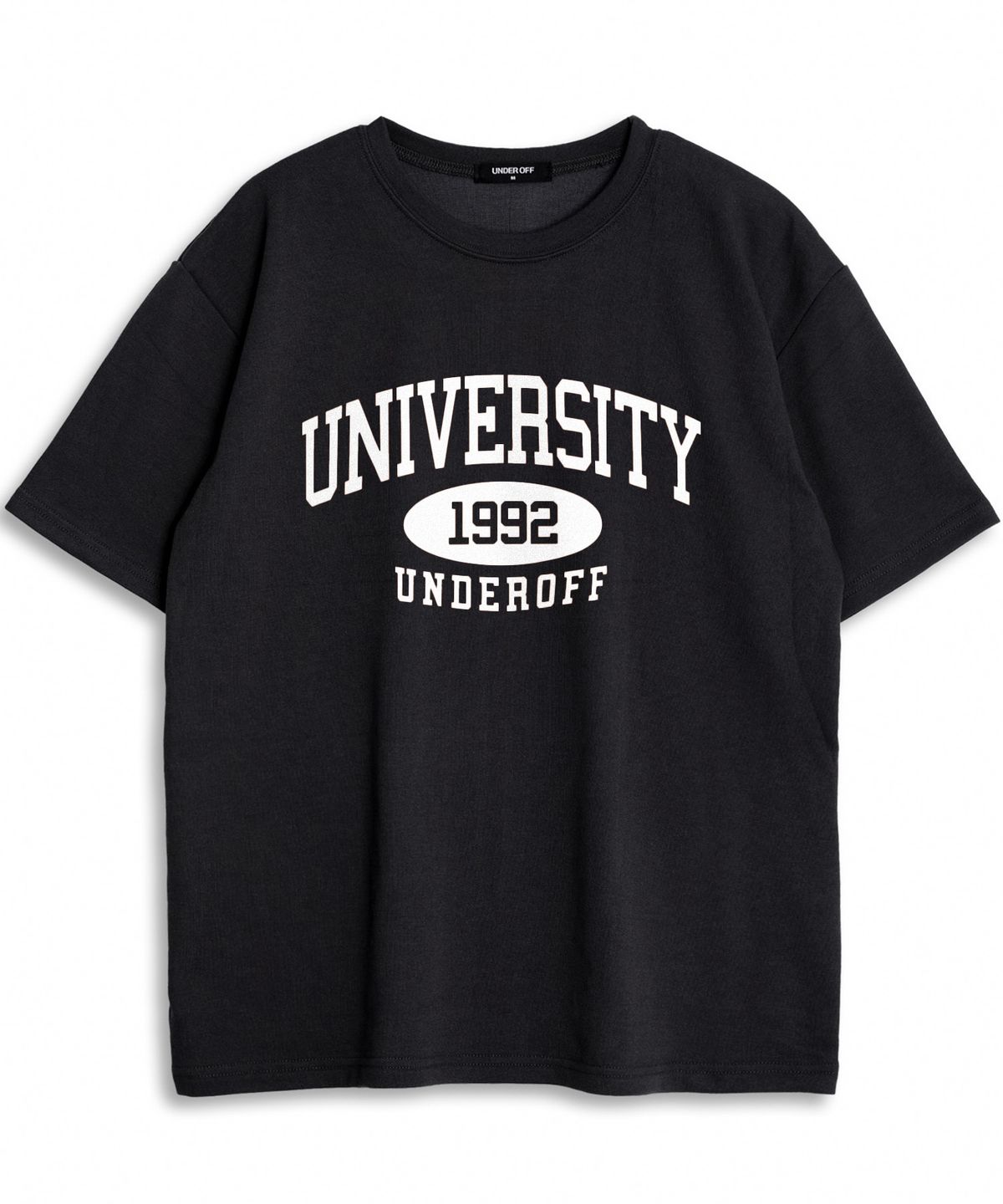 언더오프(UNDEROFF) 오버핏 크루넥 유니버시티 반팔 티셔츠 블랙