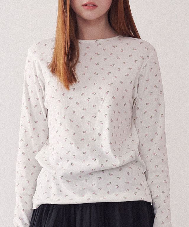 Tシャツ・カットソー RONRON FLORAL LONG SLEEVE IVORY PINK FLOWER RR24ALT3222IV FLORAL LONG SLEEVE IVORY PINK FLOWER - RONRON 론론