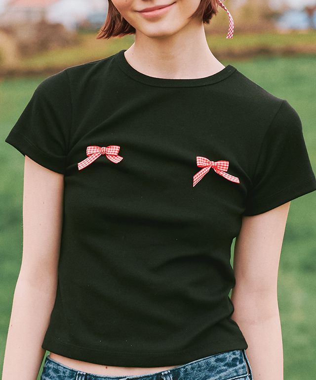 【RONRON】24SS REAL GINGHAM RIBBON SLIM CROP T REAL GINGHAM RIBBON SLIM CROP T SHIRT WHITE RED - RONRON 론론