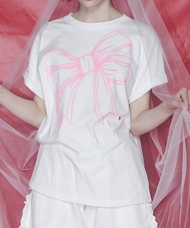 ◆RONRON◆ BIG RIBBON LINE T SHIRT WHITE MELANGE MUSINSA | RONRON BIG RIBBON LINE T SHIRT WHITE MELANGE