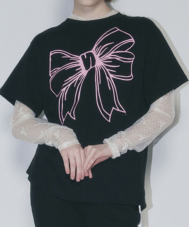 MUSINSA公式 | RONRON BIG RIBBON LINE T SHIRT BLACK PINK