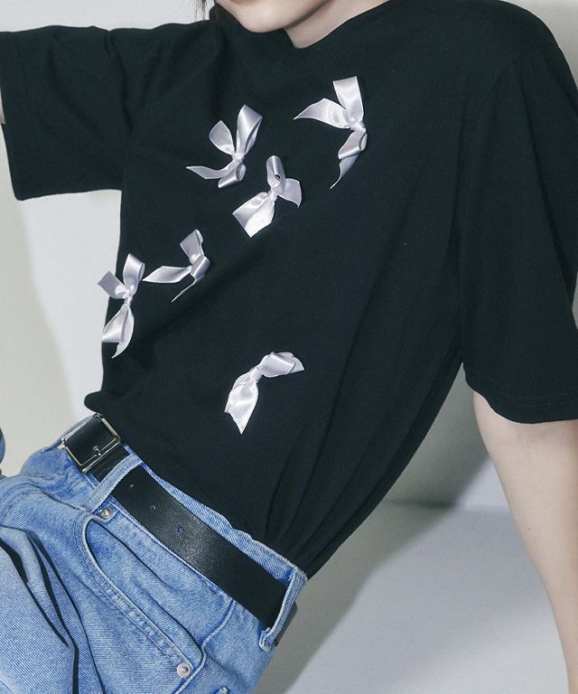 MUSINSA | RONRON REAL RIBBON BOW T SHIRT BLACK