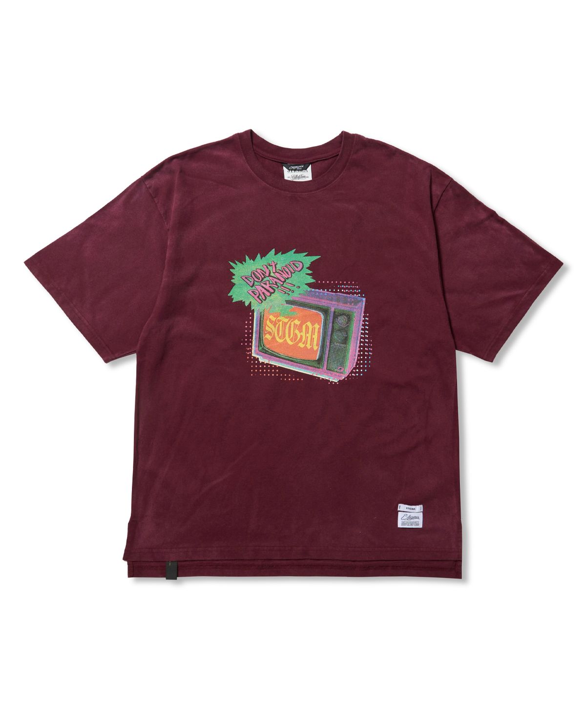 스티그마(STIGMA) Paranoid TV Vintage-Like Washed Oversized Short Sleeves T-Shirts Burgundy
