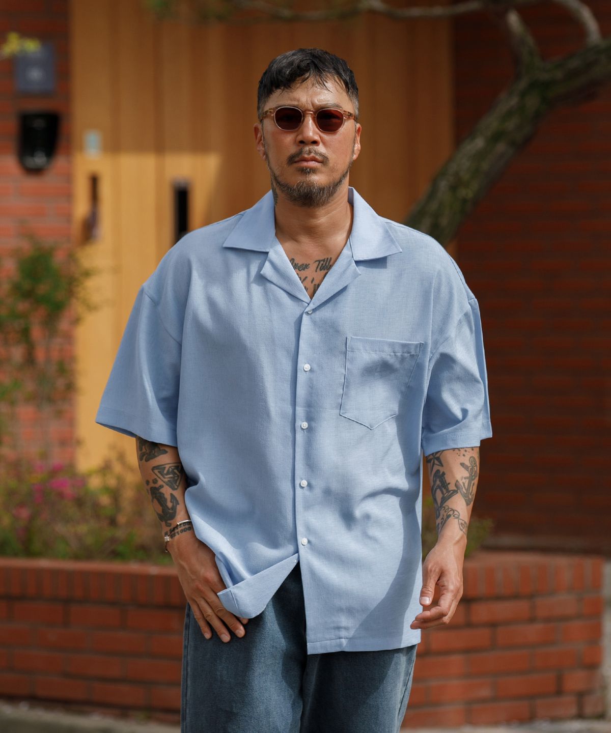 러기드하우스(RUGGED HOUSE) 에디션 오픈카라 반팔 셔츠 블루