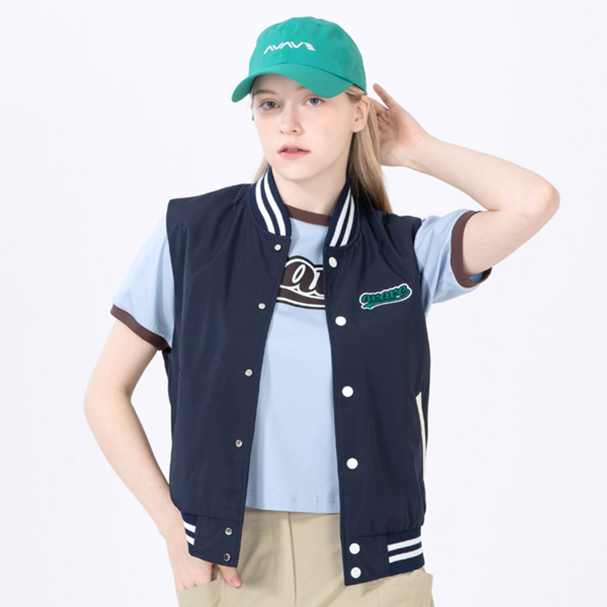 어베이브(AVAVE) 여성 빅로고 배색반팔 티셔츠 블루