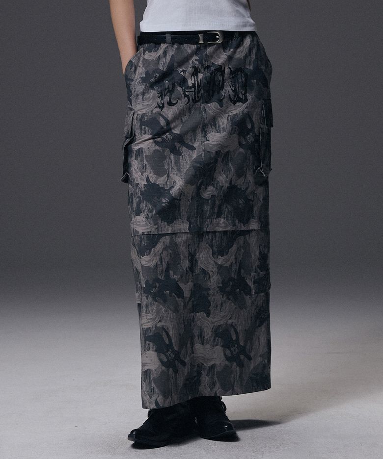 W Ripstop Cargo Long Skirt - Camo Grey