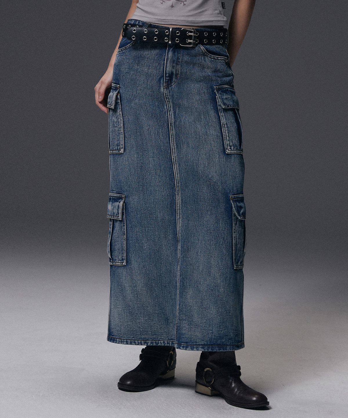 낫포너드(NOT4NERD) W Denim Cargo Long Skirt - Deep Blue