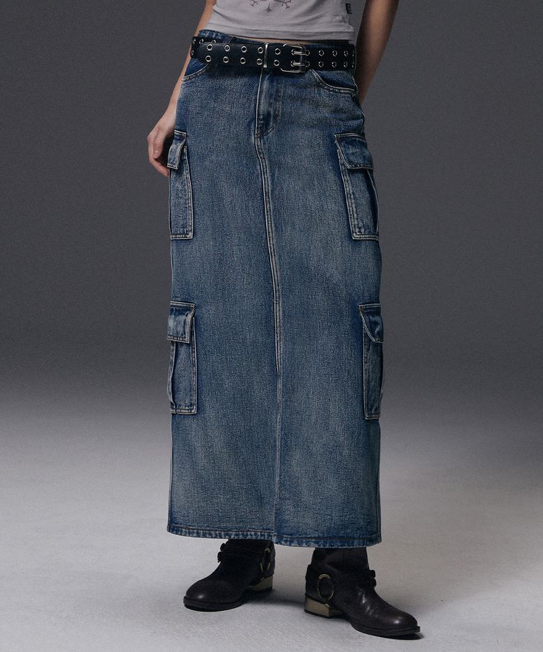 W Denim Cargo Long Skirt - Deep Blue