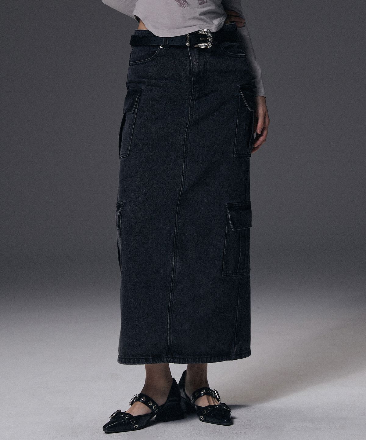 낫포너드(NOT4NERD) W Denim Cargo Long Skirt - Black