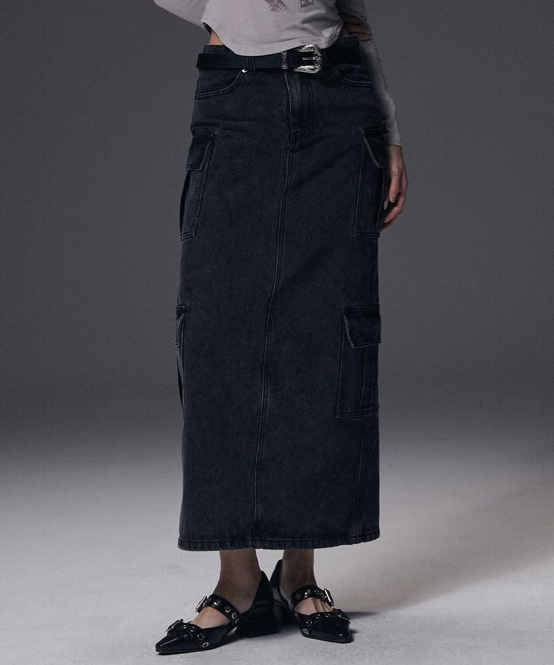 W Denim Cargo Long Skirt - Black