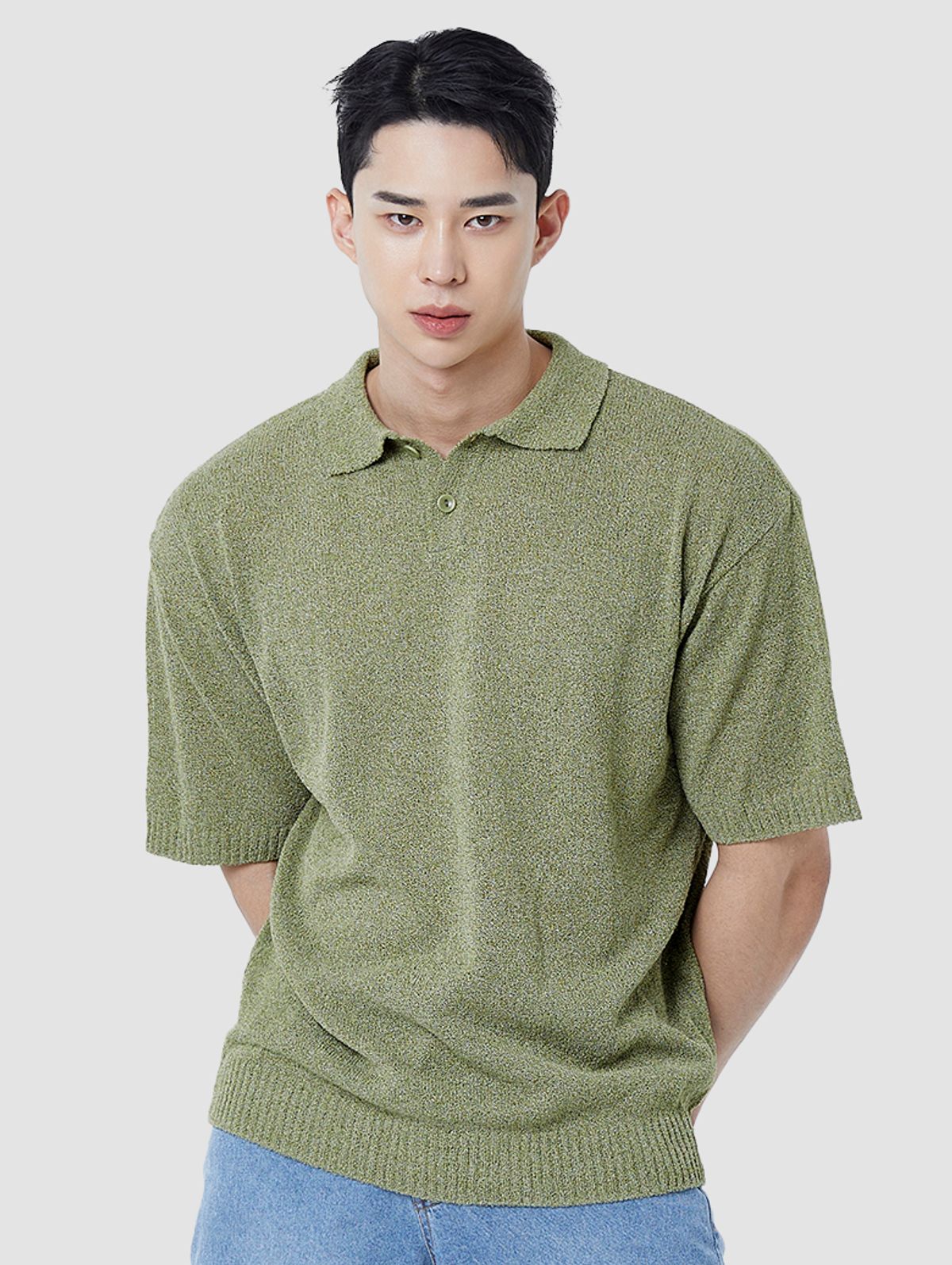 나인제트(NINEZ) 소프트 부클 오버핏 카라 니트 (멜란지 그린) 24NTS01