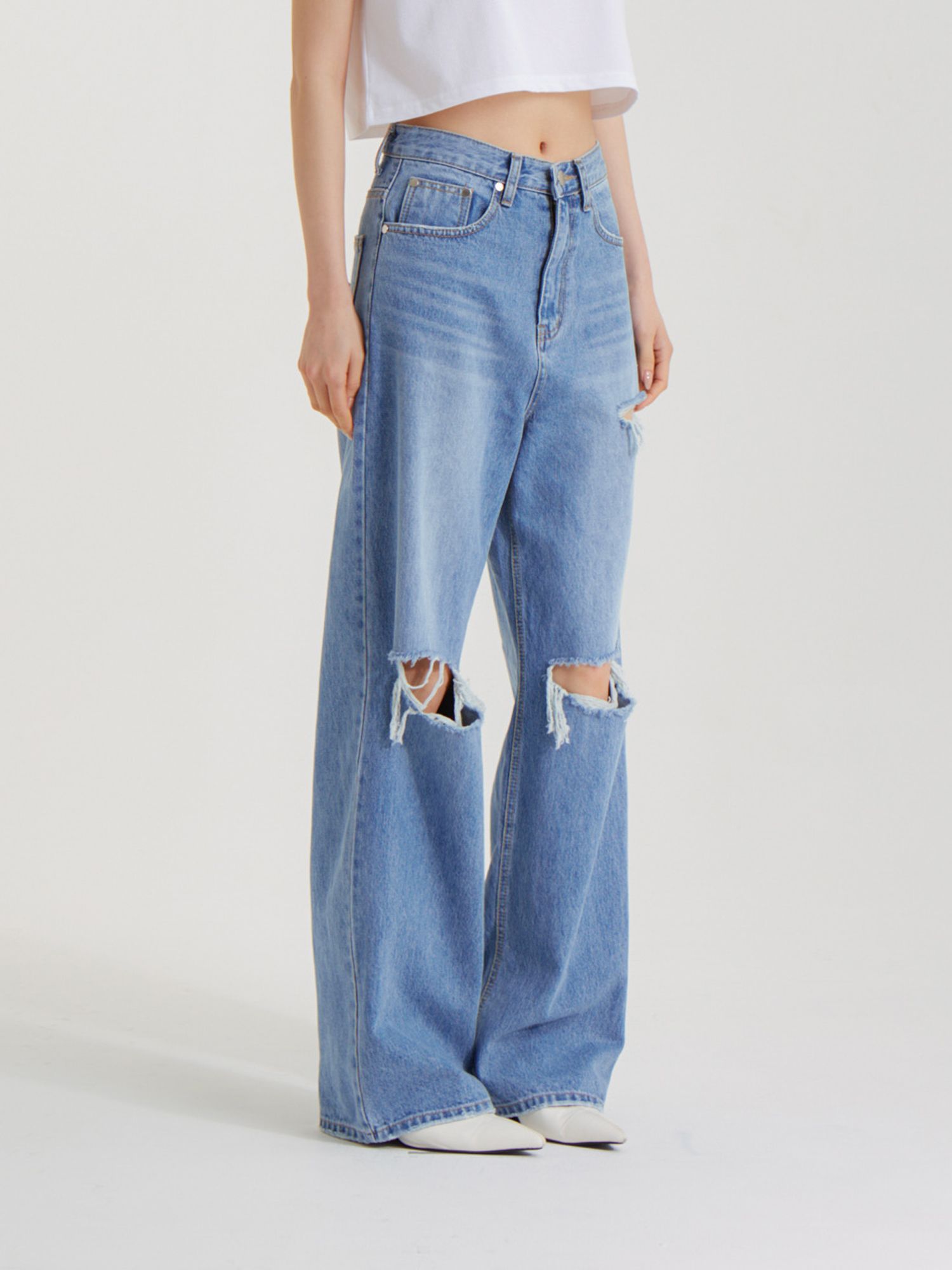 MUSINSA | UNKNOWN PLANET Semi Wide Slit Denim Pants Blue