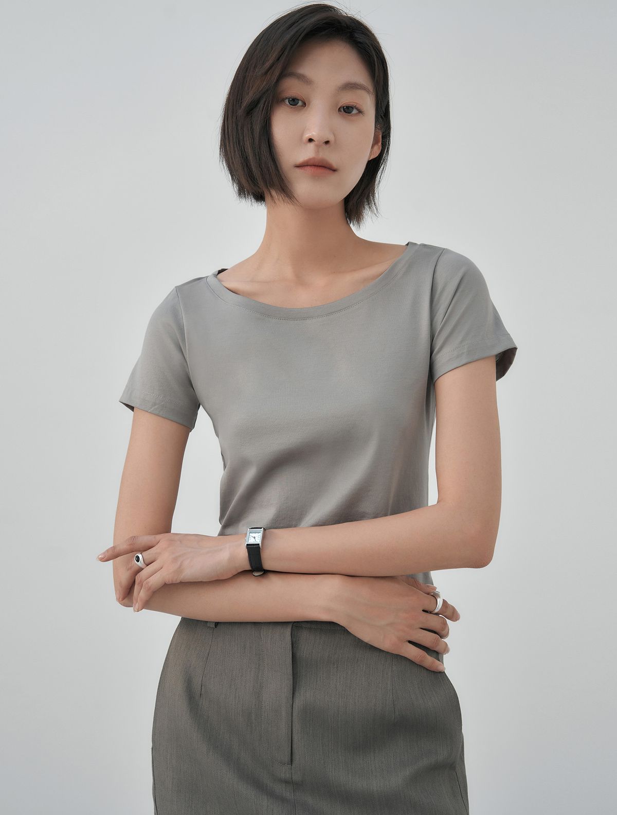 와이잭(YJACK) W_스쿱넥 슬림핏 반소매 티셔츠 (155gsm) LJT1885