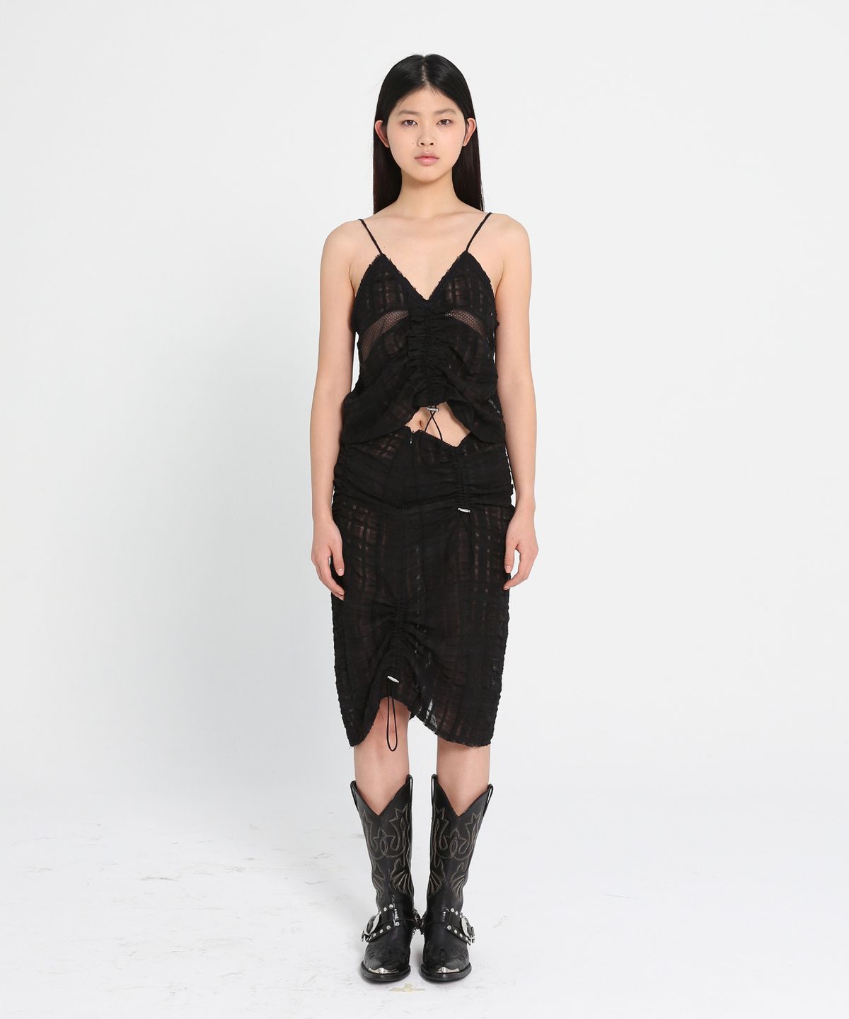 에스이오(s/e/o) RUCHED SLIP LACE TOP_BLACK