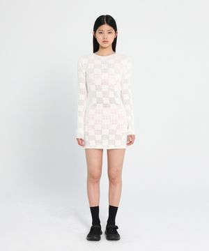 CHECKERBOARD OPEN BACK KNIT DRESS_IVORY