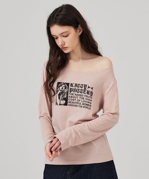 보트넥 글램 그래픽 긴팔 티셔츠 인디핑크
